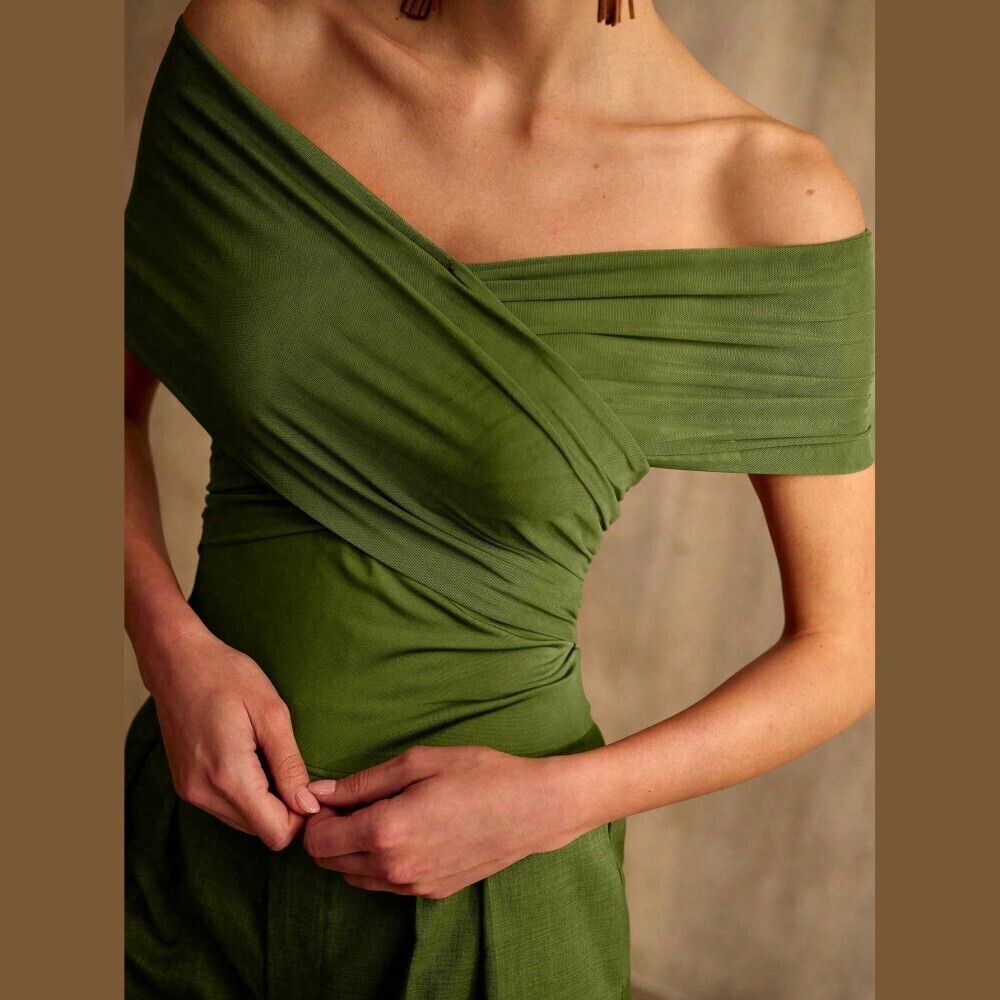 Olive Green Ruched Off Shoulder Asymmetric Draped Top